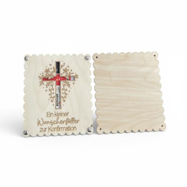 Holzkarte zur Konfirmation oder Kommunion mit eingelegtem Geldschein als Geschenkidee.